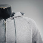 Light gray hoodie shoulder and front zipper placket detail.