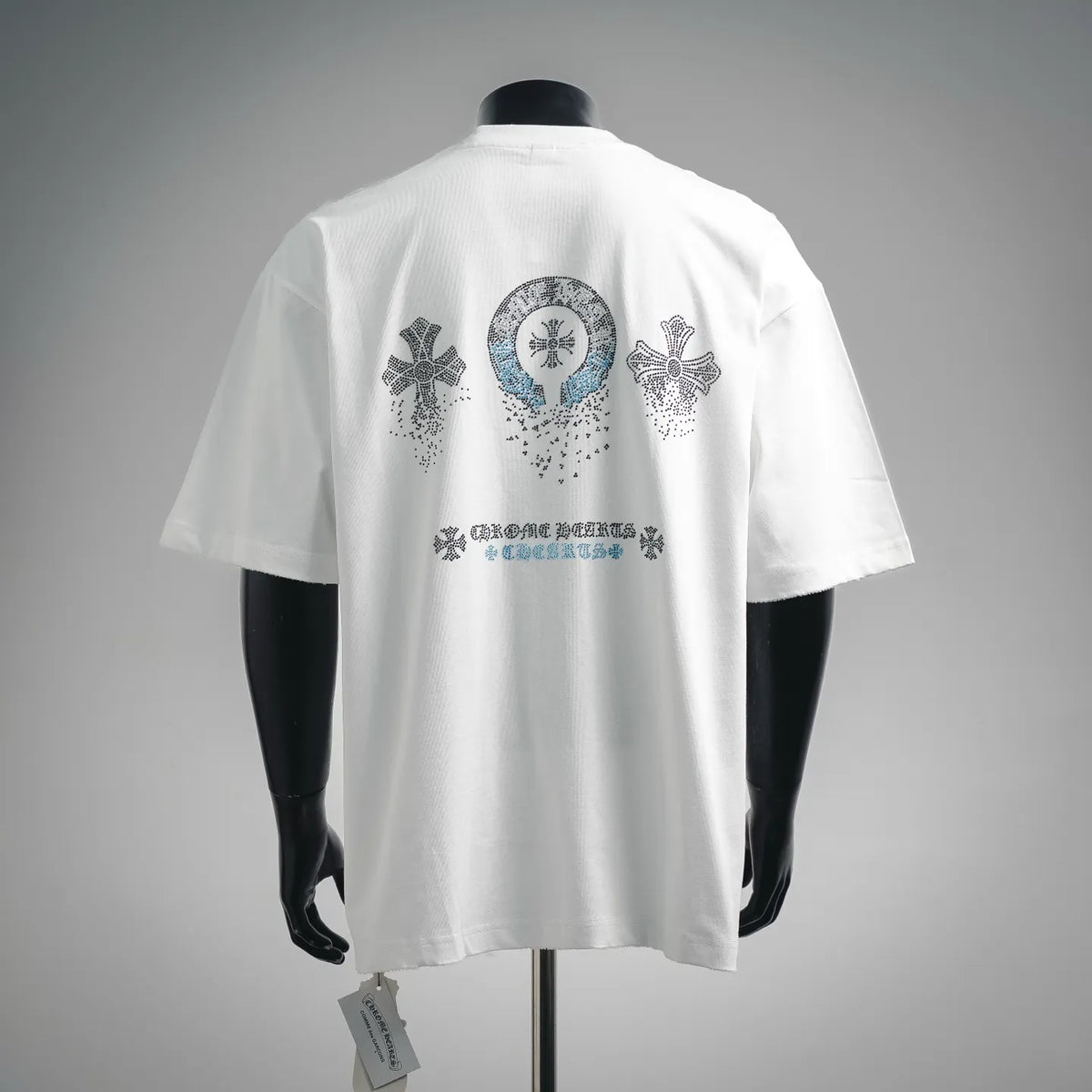 White crew-neck T-shirt, back view with rhinestone logo and text