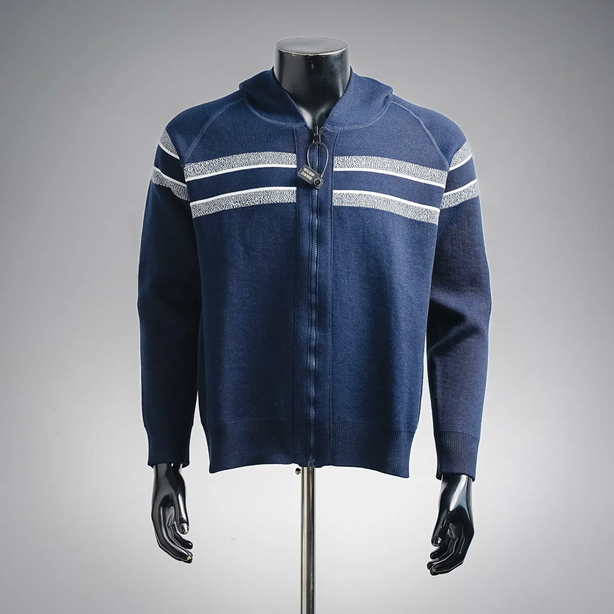 Men's navy zip-up hooded knit coat with white stripe chest panel