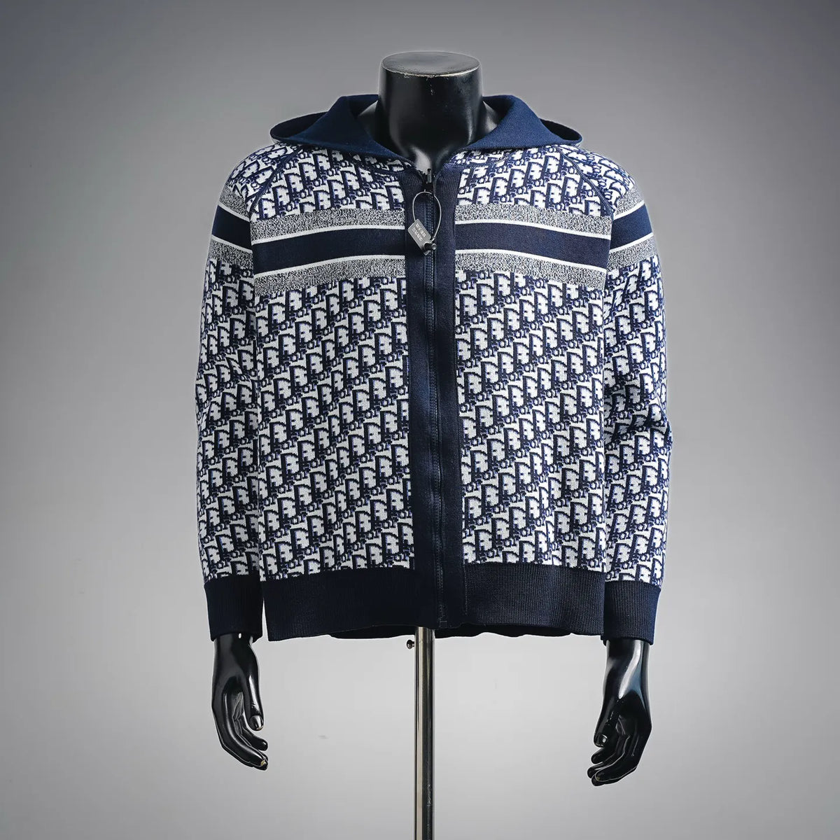 Men's hooded zip-up knit coat in navy and white with Dior monogram print