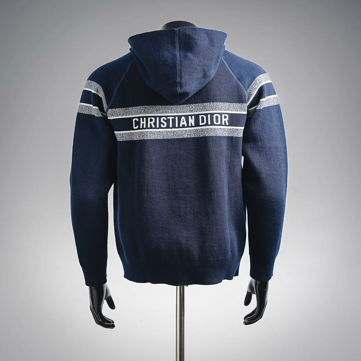 Men's navy zip-up hooded knit coat with back "CHRISTIAN DIOR" stripe