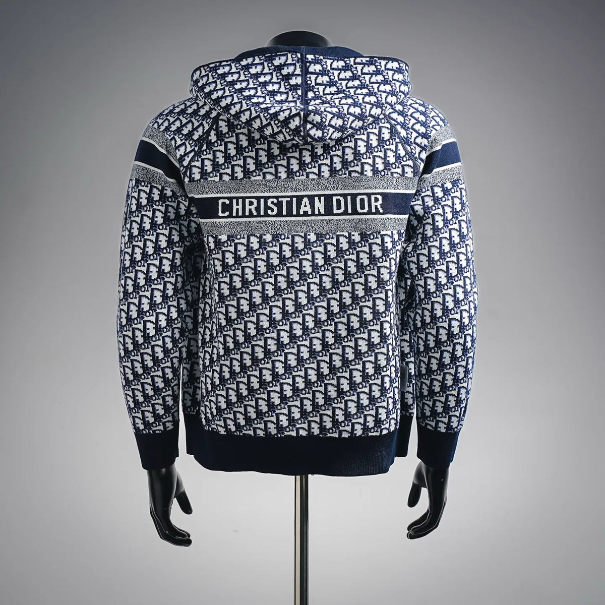 Men's hooded zip-up knit coat with back "CHRISTIAN DIOR" stripe and monogram print
