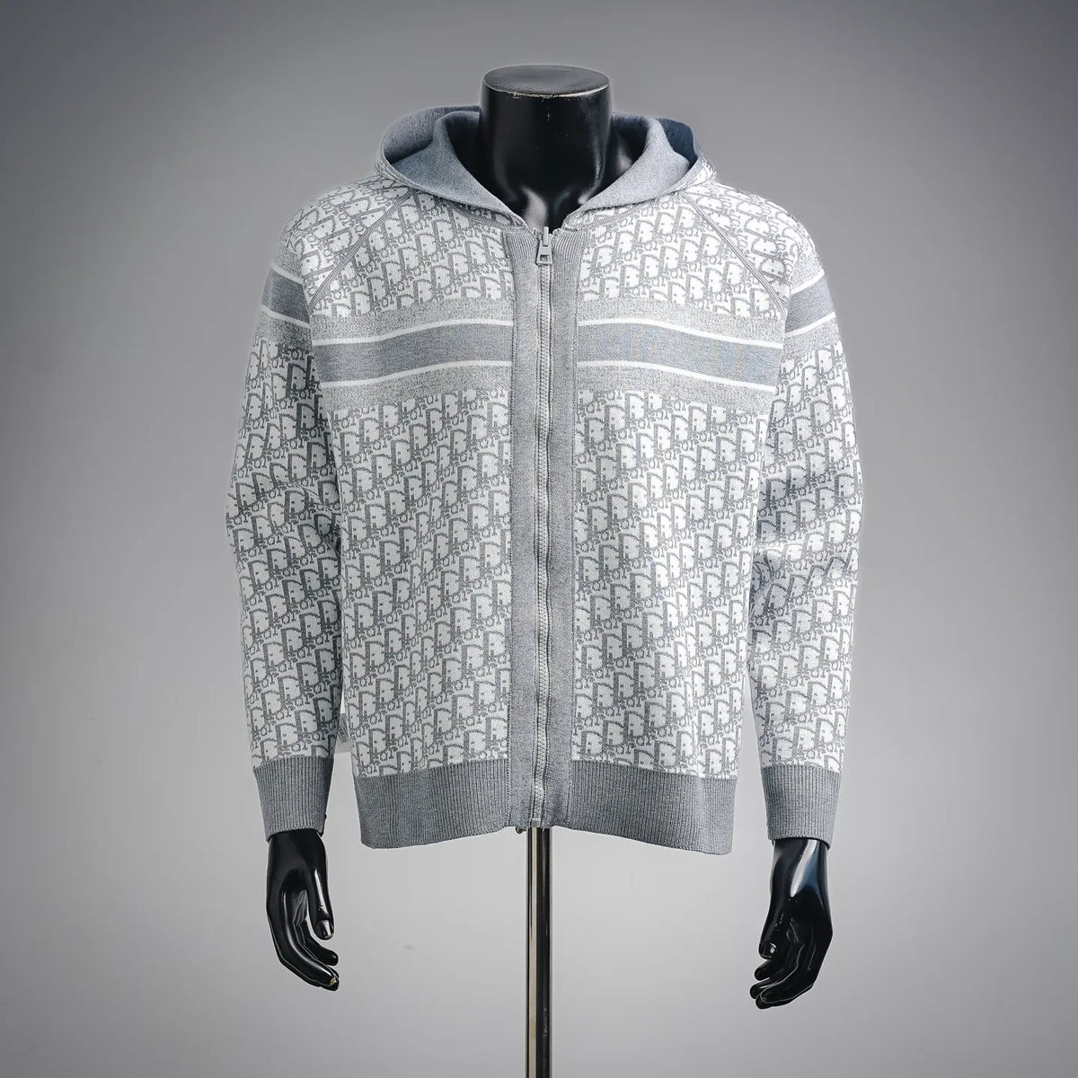 Dior gray-and-white patterned zip-front hoodie with striped bands