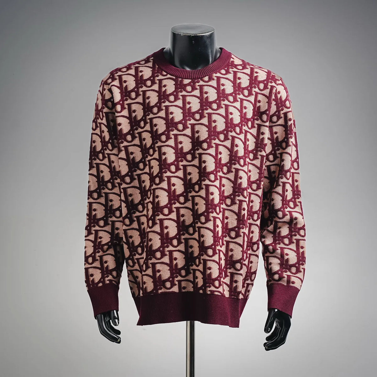 Dior long-sleeve knit sweater, burgundy and beige monogram pattern, ribbed crew neck