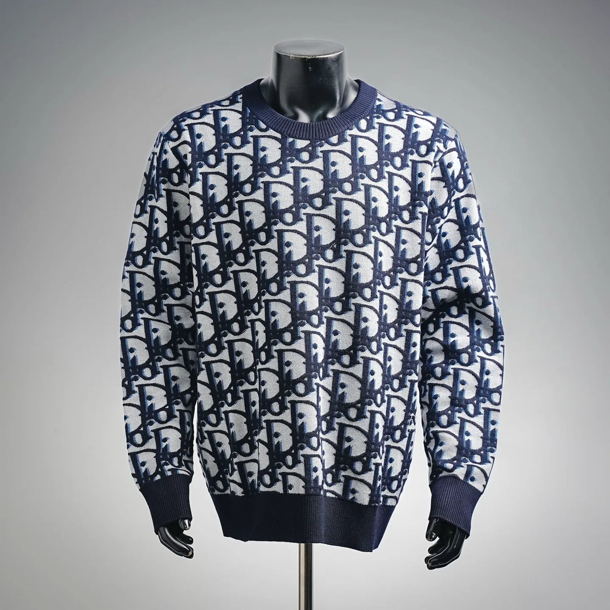 Dior knit sweater, blue and white allover pattern, crew neck and ribbed hem