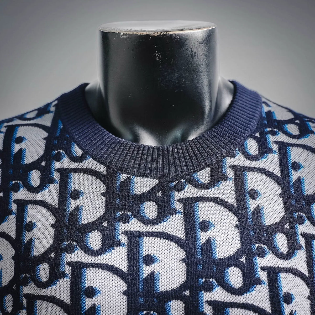 Dior knit sweater neckline, blue-and-white logo jacquard, ribbed crew collar