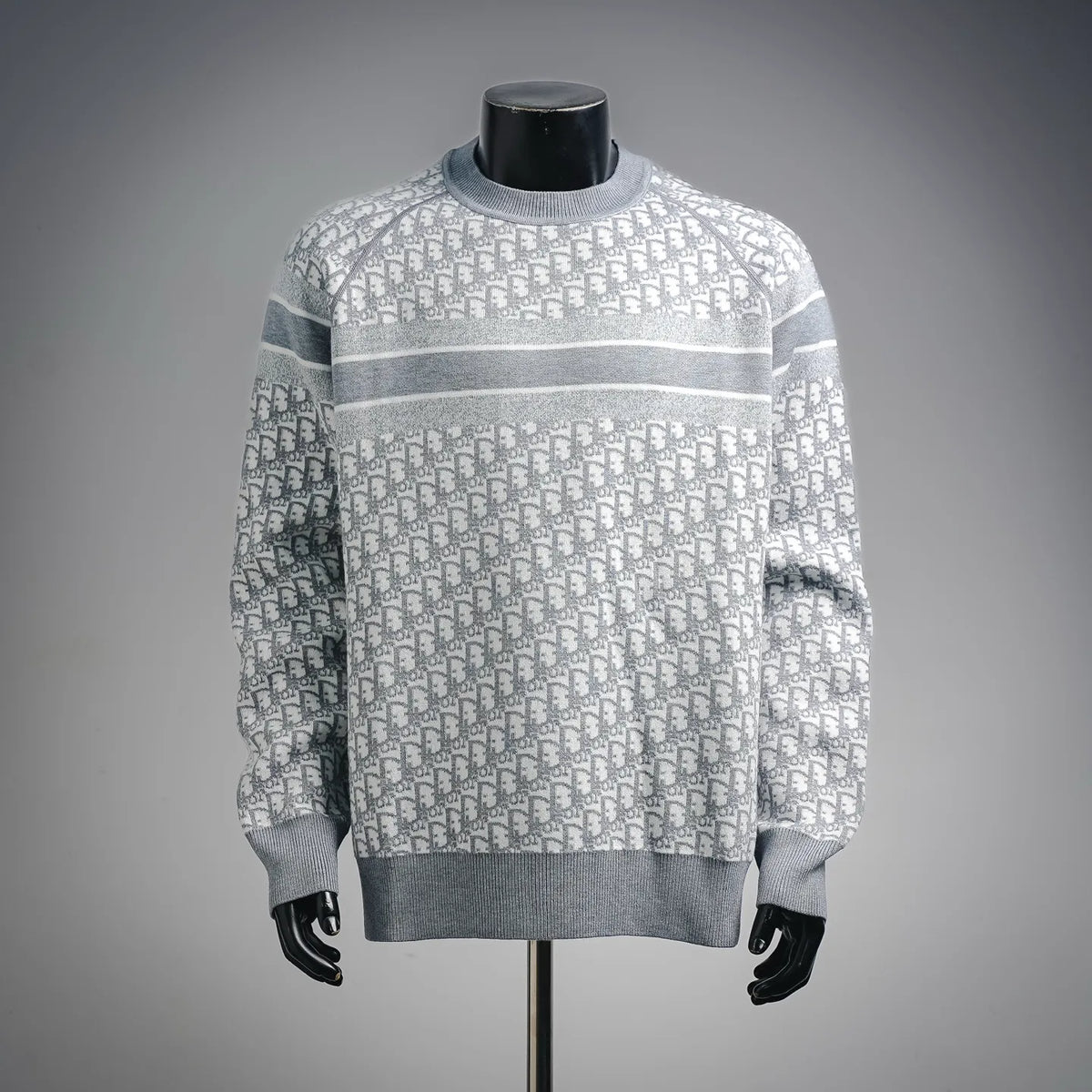 Dior long-sleeve sweater in light gray with allover monogram pattern and crew neck