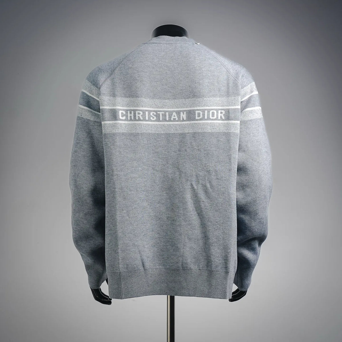 Dior long-sleeve sweater in heather gray with back “CHRISTIAN DIOR” logo band and stripes