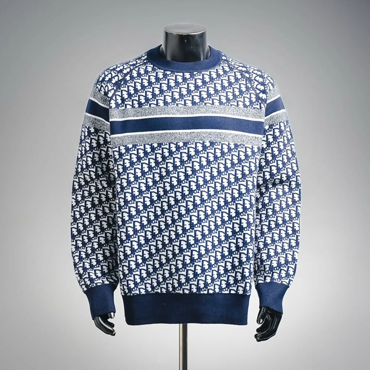 Christian Dior long-sleeve sweater with blue and white monogram print and ribbed cuffs