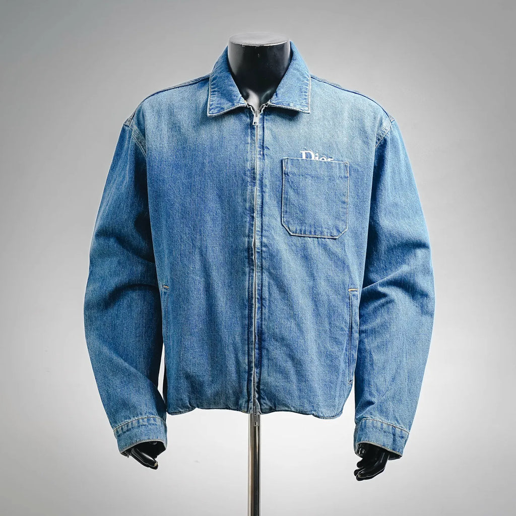 Light blue Dior denim zip-up jacket with stand collar and chest patch pocket