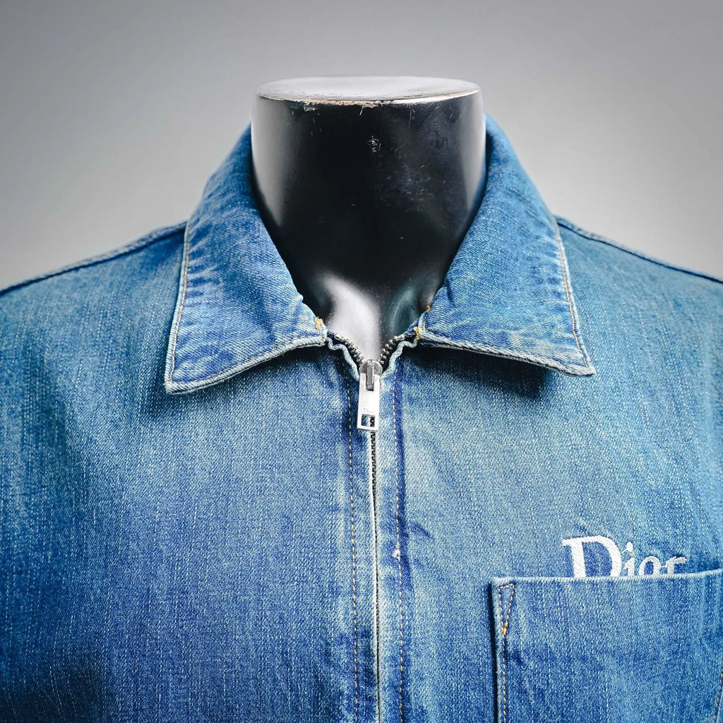 Light blue Dior denim zip-up jacket with stand collar and chest logo