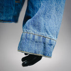 Light blue denim jacket sleeve cuff with stitched hem