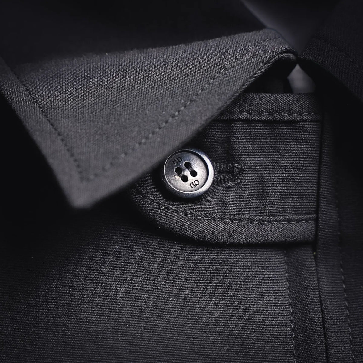 Close-up of black coat button and placket with stitched edges