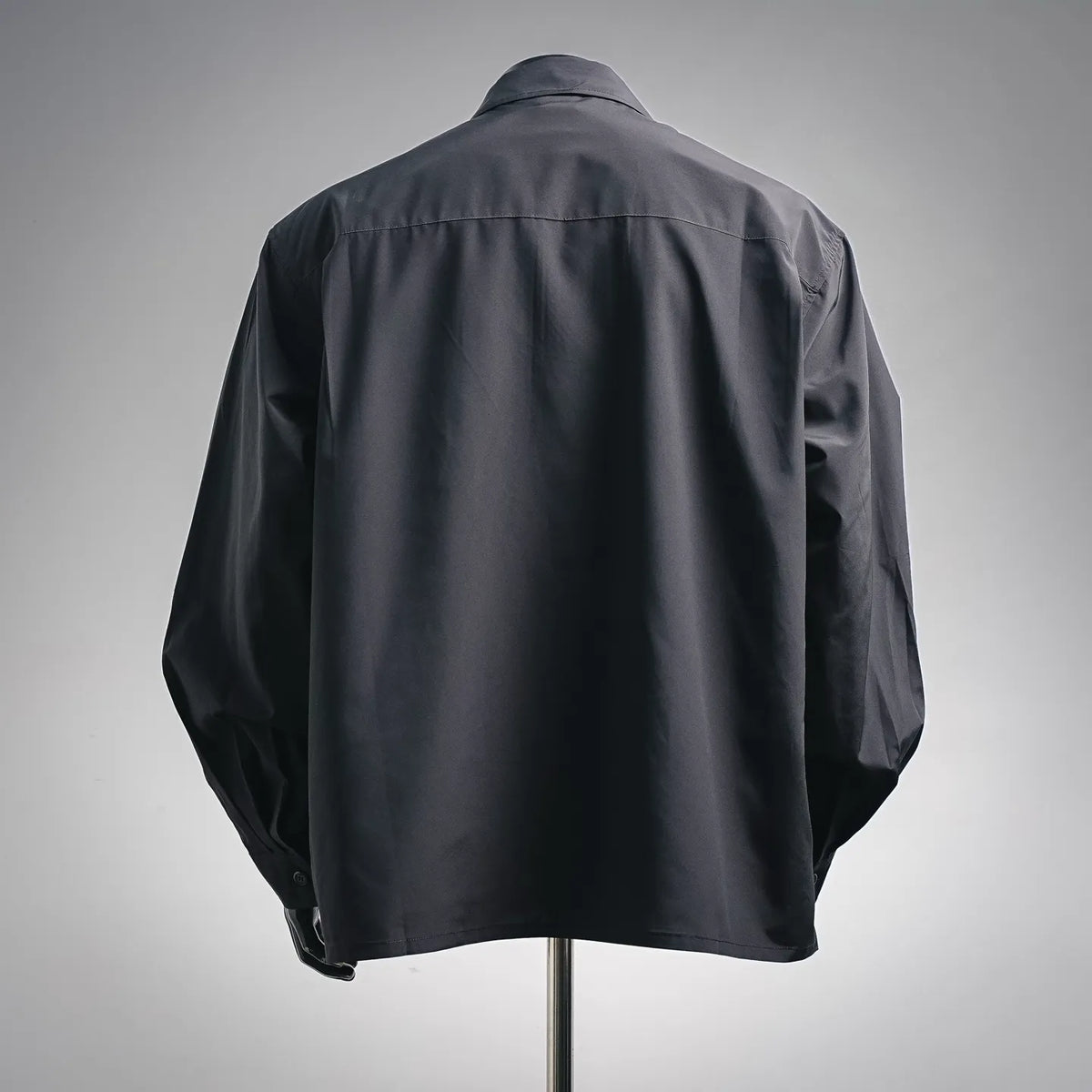 Dior dark coat, back view with collar and full-length zipper
