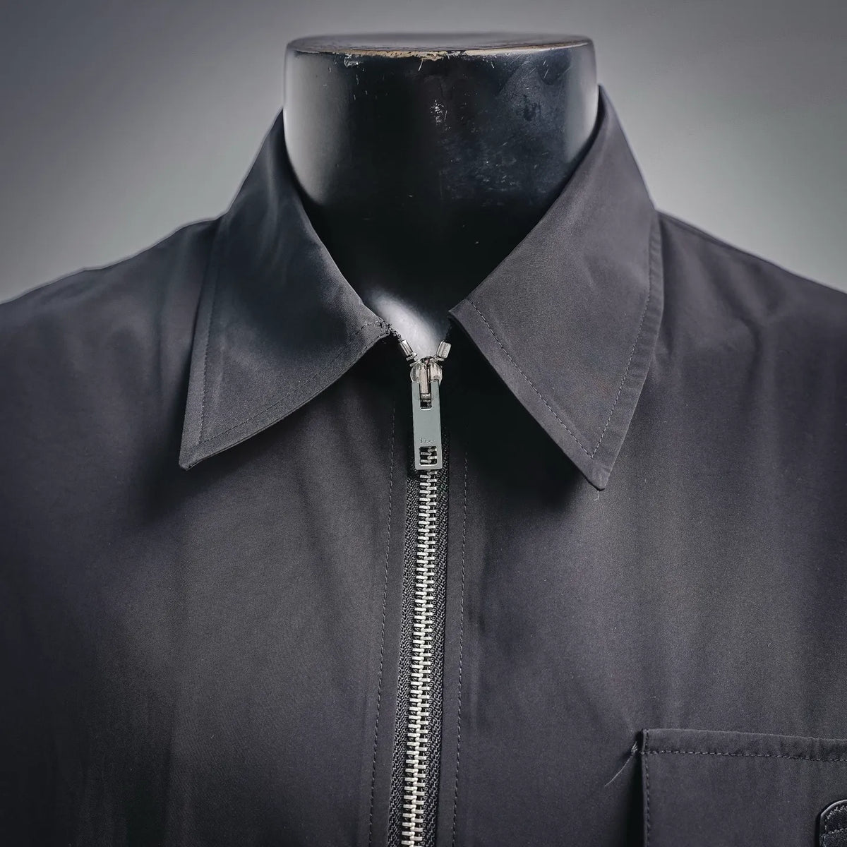 Dior coat close-up: pointed collar and front zipper with textured metal teeth