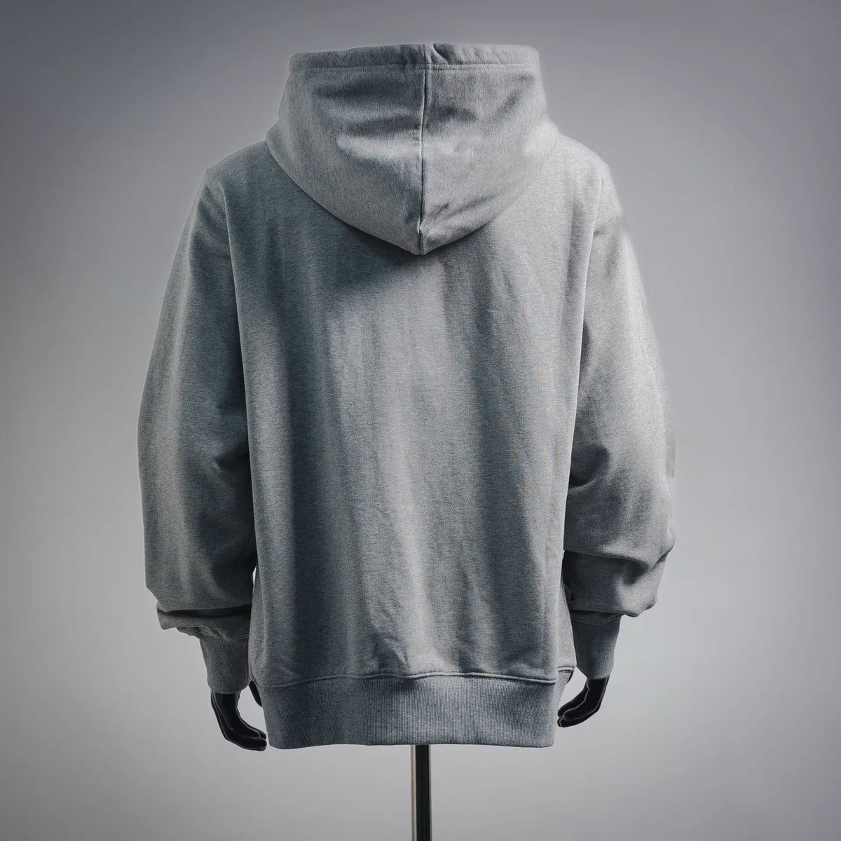 Gray pullover hoodie with attached hood and kangaroo pocket, back view