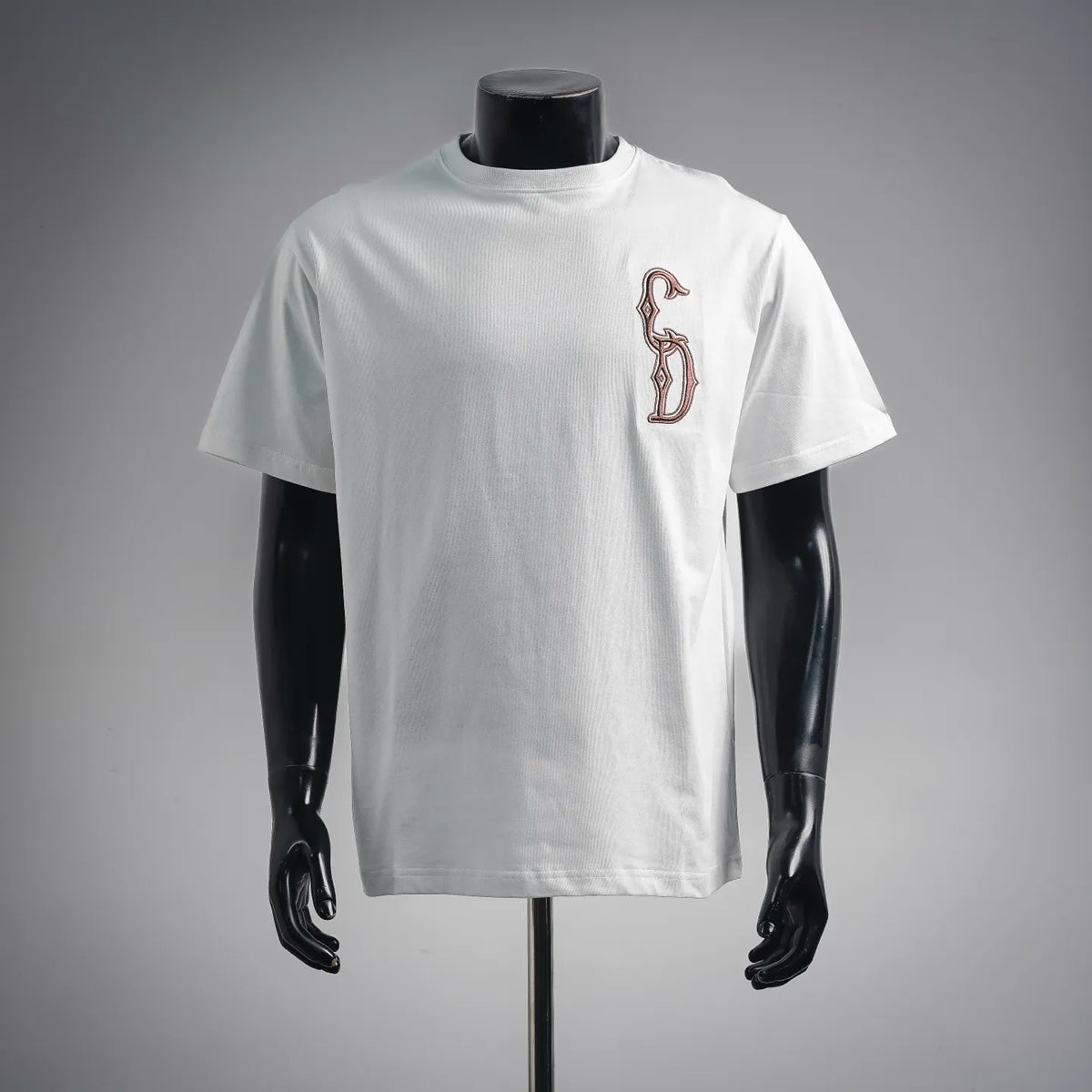 White crewneck short-sleeve T-shirt with brown Dior monogram logo on chest