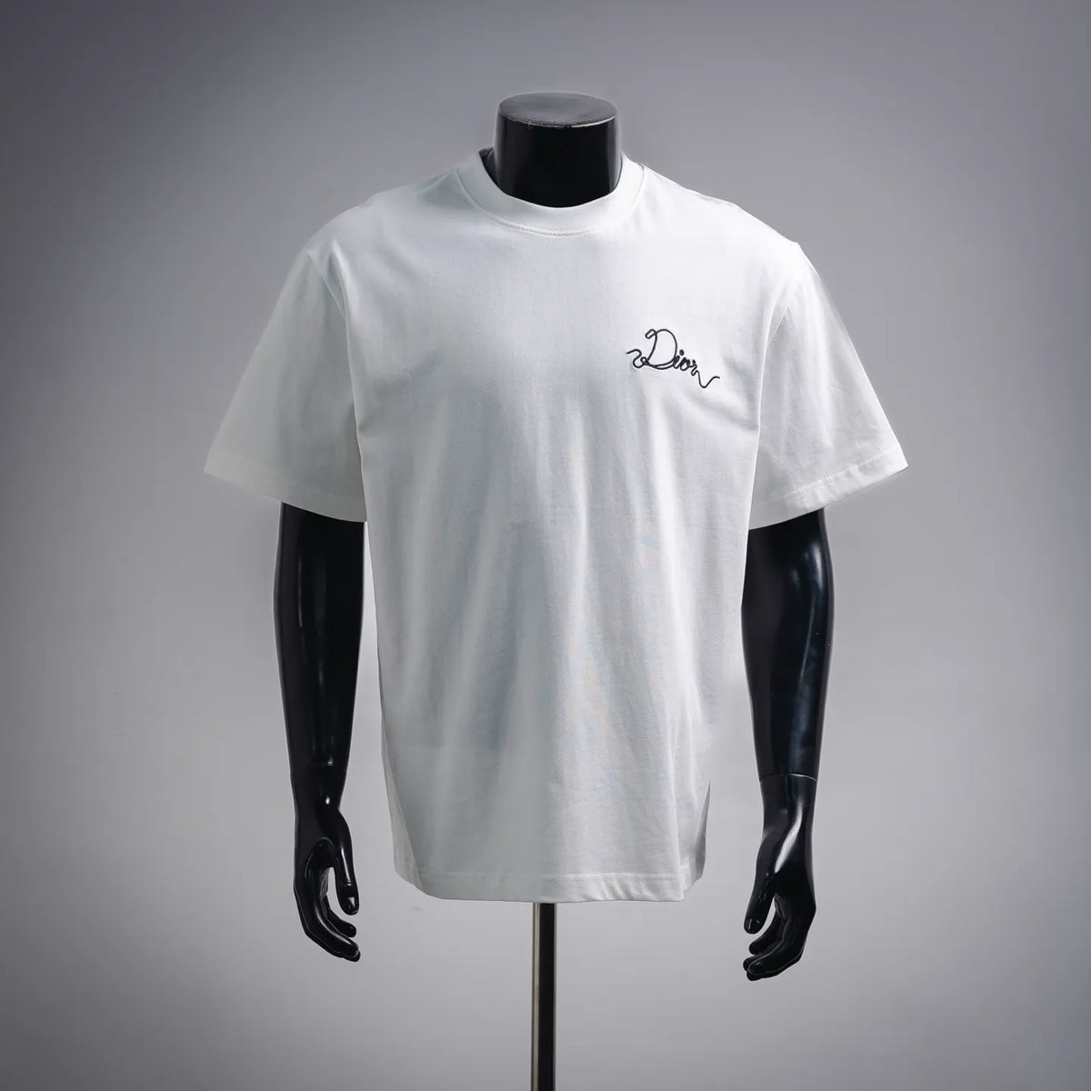White crewneck T-shirt with black Dior script logo on chest.