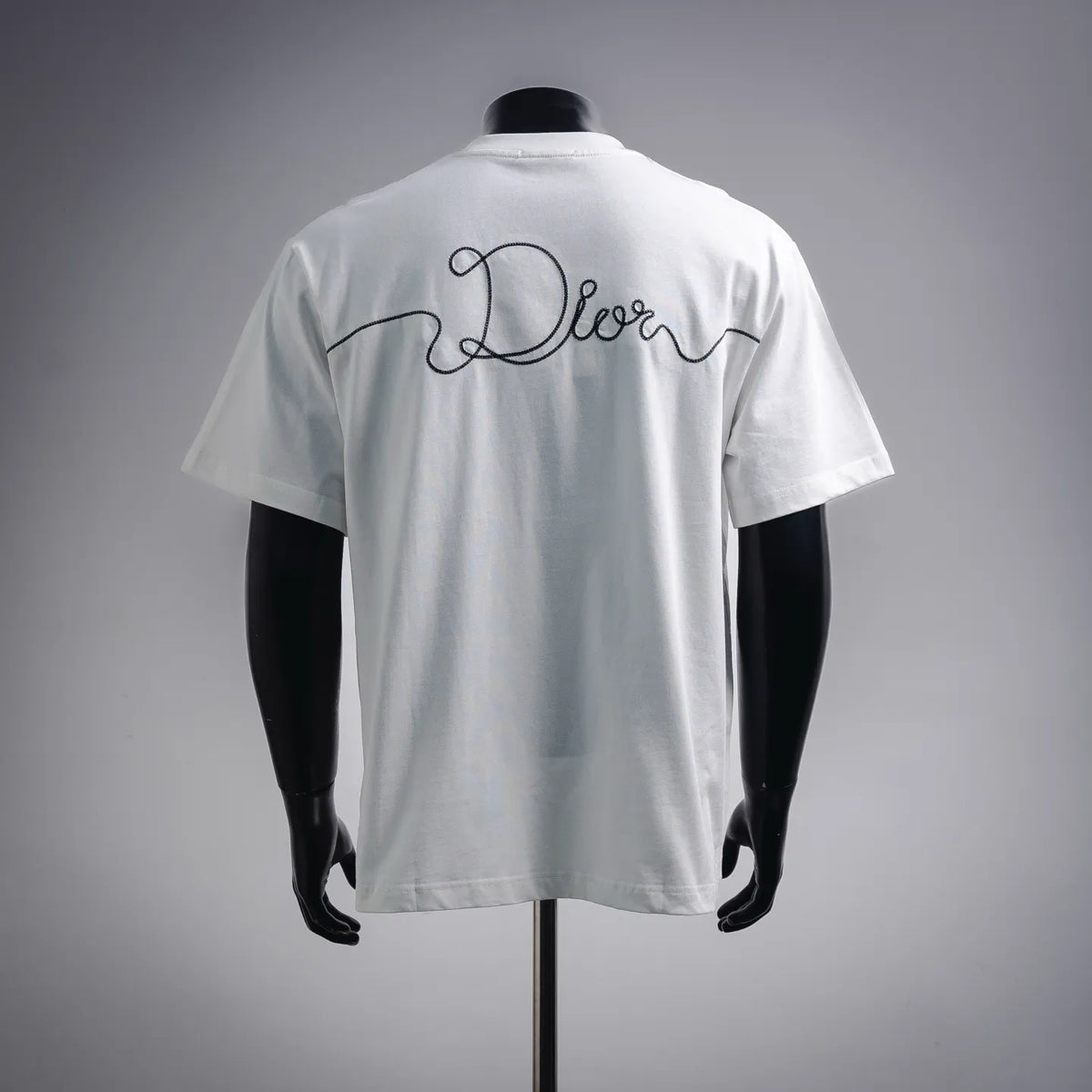 White crewneck T-shirt with large black Dior script logo on back.