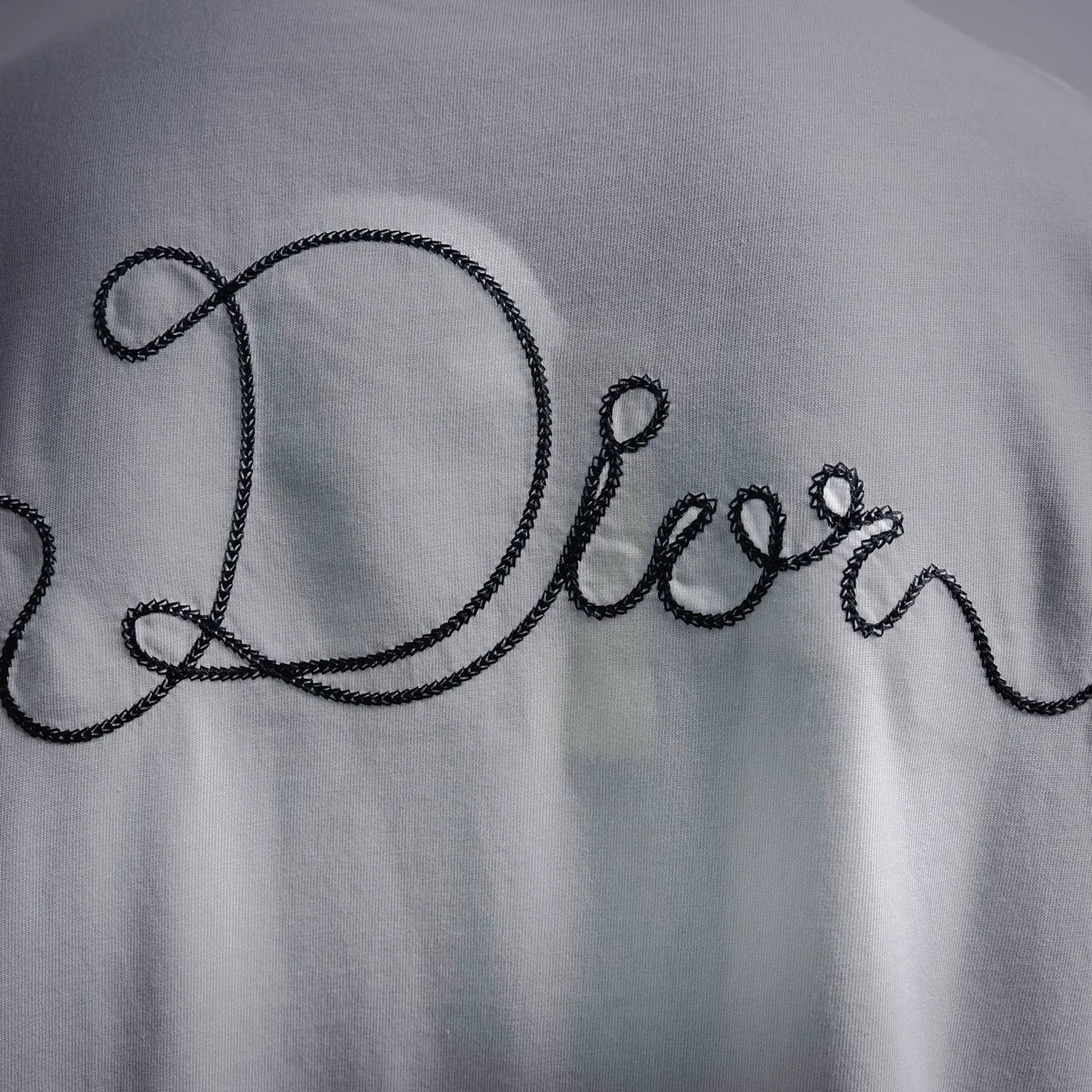 White T-shirt fabric with black Dior script logo embroidery detail.