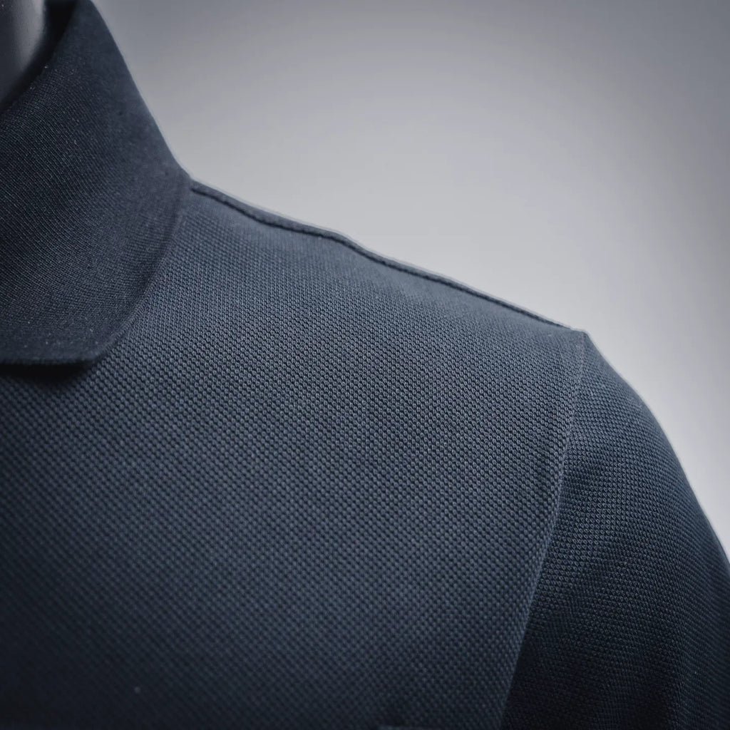 Dior polo sleeve and shoulder seam, dark navy textured knit fabric