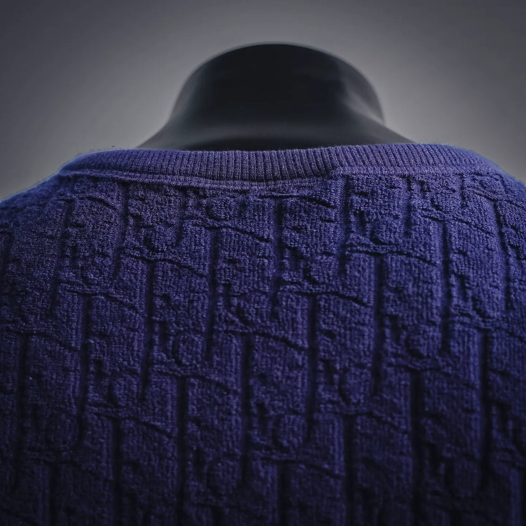 Dark blue textured knit shirt neckline and upper back view