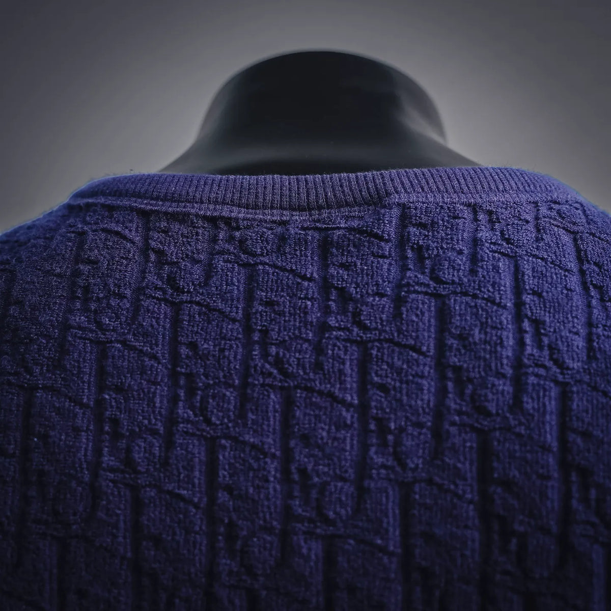 Dark blue textured knit shirt neckline and upper back view