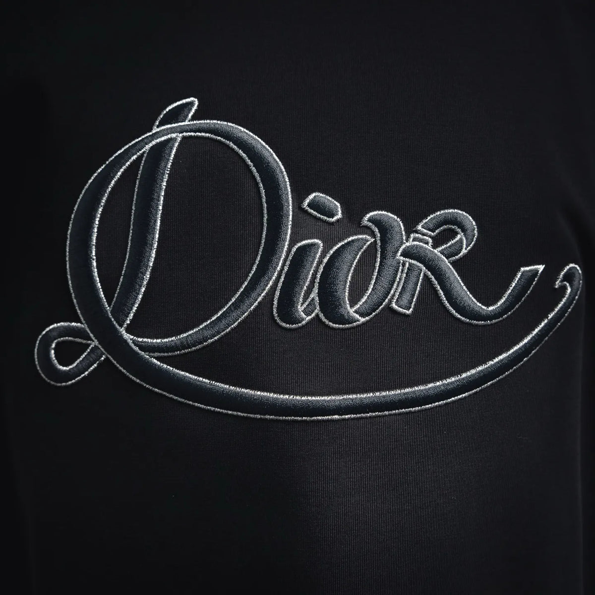 Embroidered Dior script logo on the chest of a dark short-sleeve T-shirt