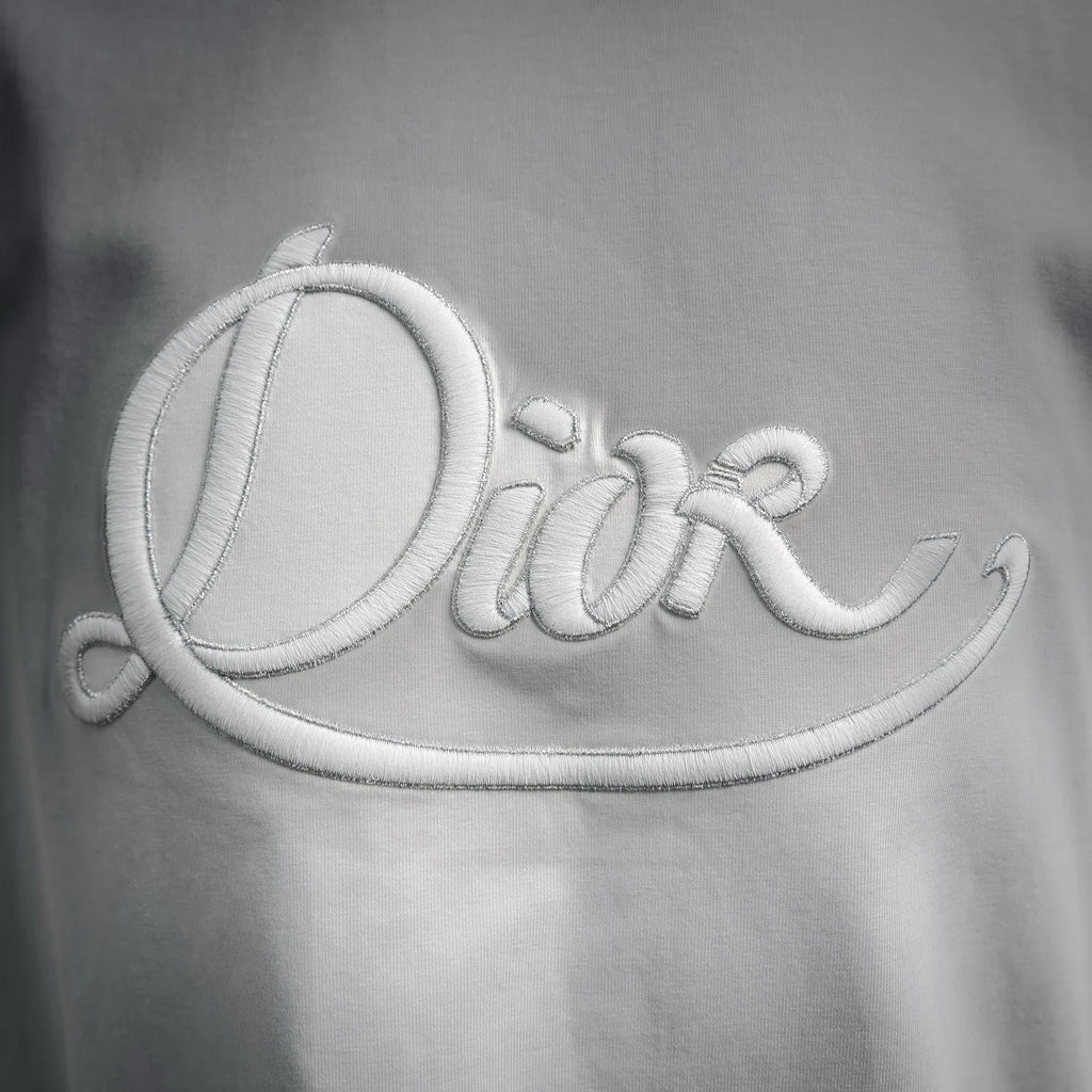 Embroidered “Dior” script logo on white Dior crewneck T-shirt chest
