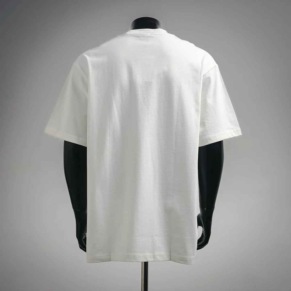 White short-sleeve T-shirt on a mannequin, back view, no visible print