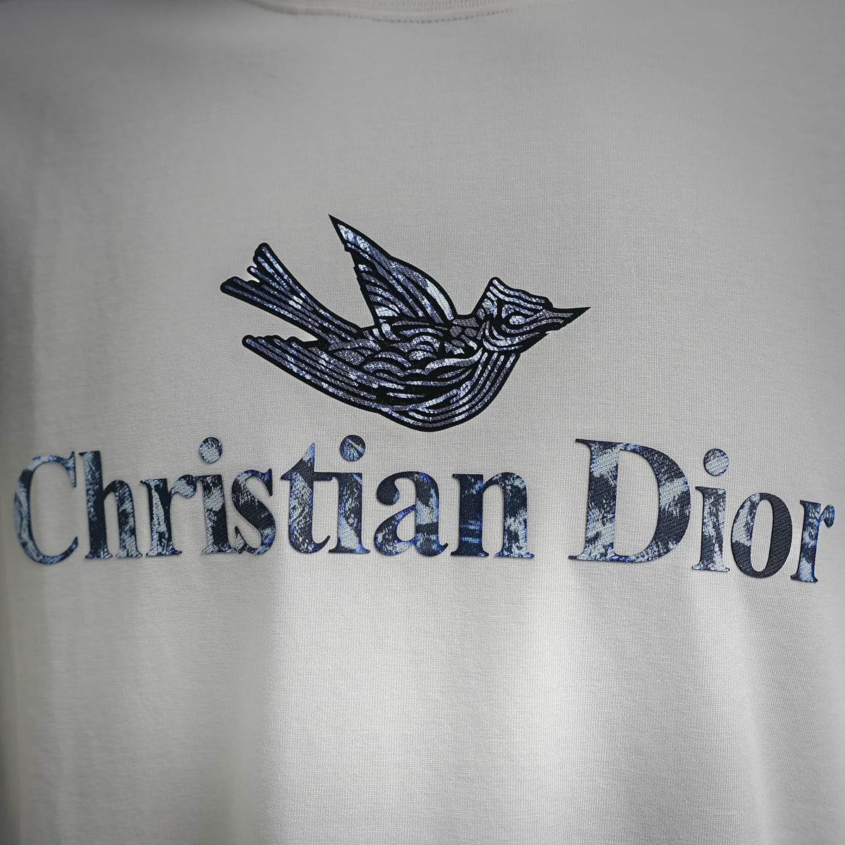 White T-shirt close-up of Christian Dior bird and logo print in blue