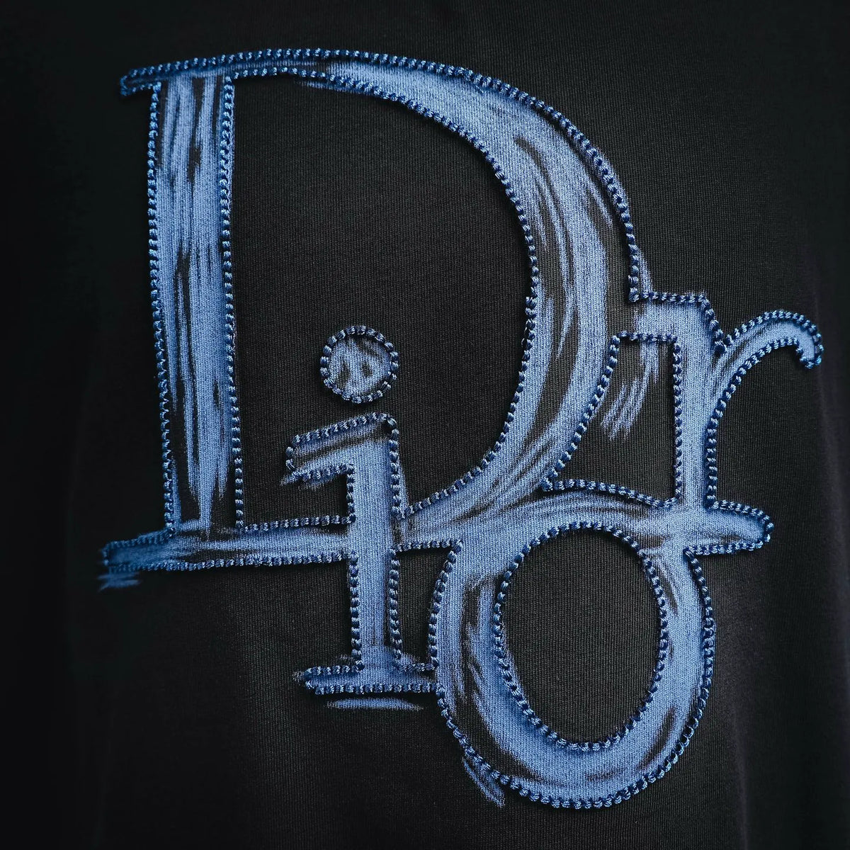 Dior T-shirt chest close-up of blue embroidered emblem