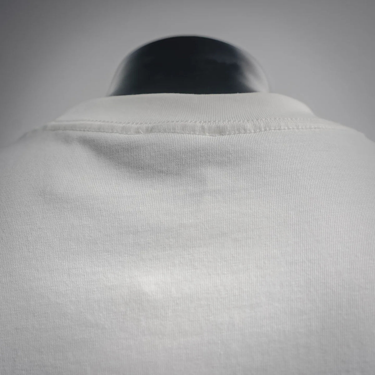 White T-shirt crew neck collar seam, back view close-up.