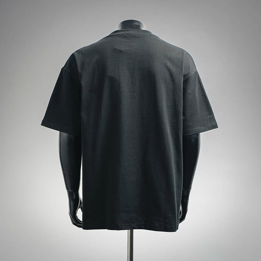 Black short-sleeve T-shirt shown from the back, plain design