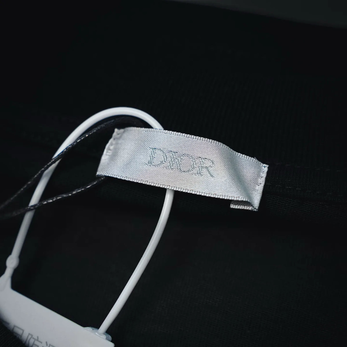 Black T-shirt neckline label marked “Dior”