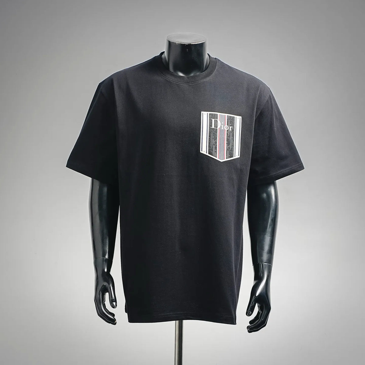 Dior short-sleeve T-shirt in dark charcoal with rectangular logo graphic on chest