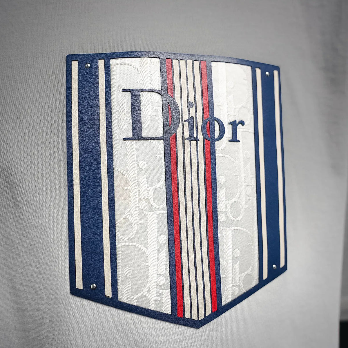 Close-up of Dior multicolor logo patch on white T-shirt chest
