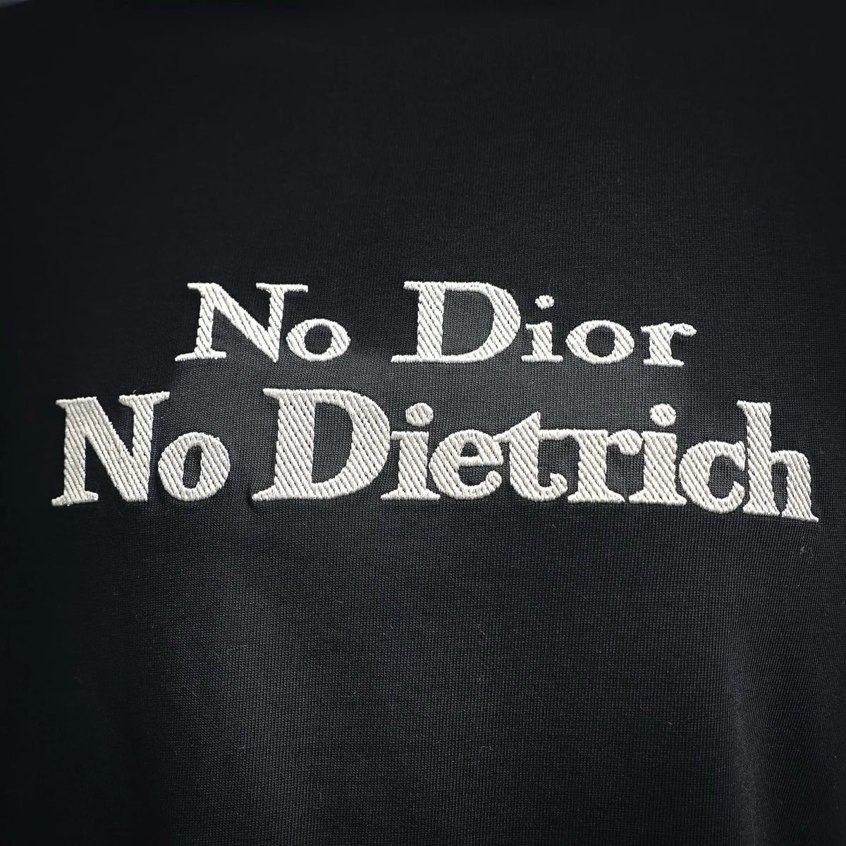 Men's T-shirt front print reading "No Dior" and "No Diebtrich"
