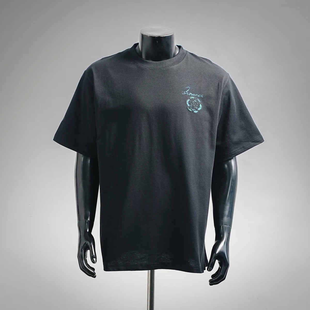 Dior black crewneck T-shirt with small blue embroidered logo on chest