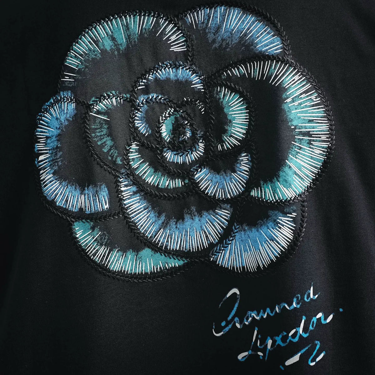 Dior black shorts with blue floral embroidery and signature detail