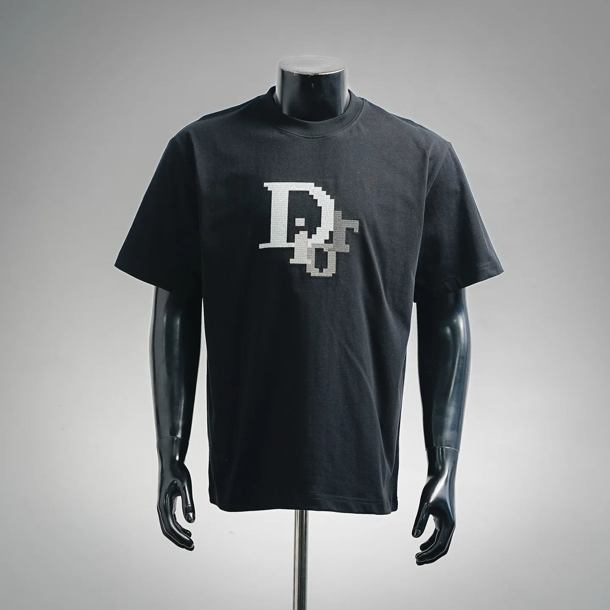 Dior black short-sleeve T-shirt with large white pixel-style graphic on front