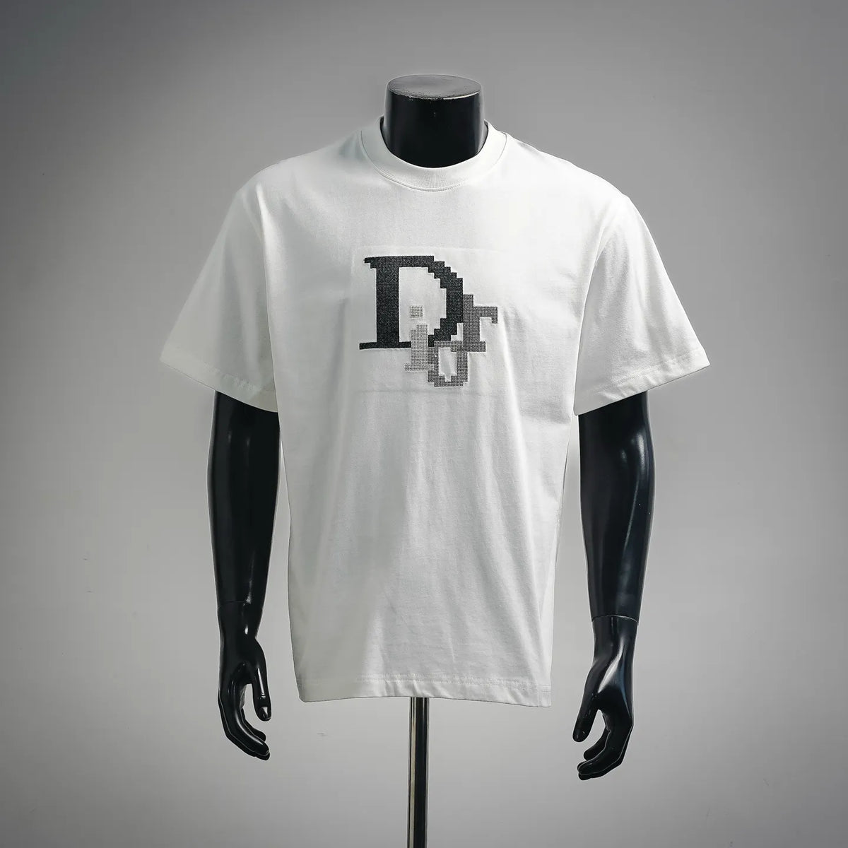 Dior white short-sleeve T-shirt with pixel-style graphic logo at chest