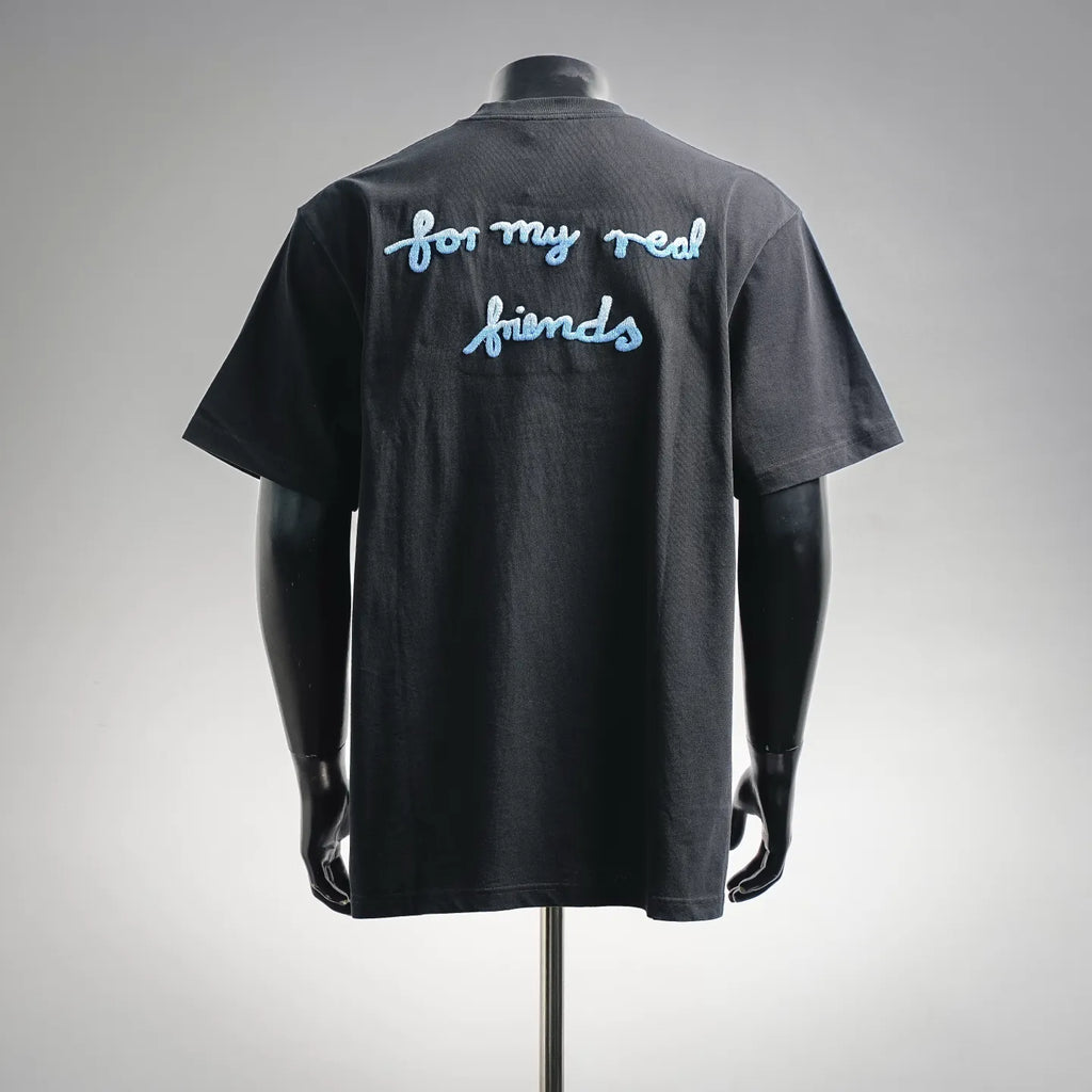 Dior short-sleeve T-shirt, back view, dark color, blue script embroidery
