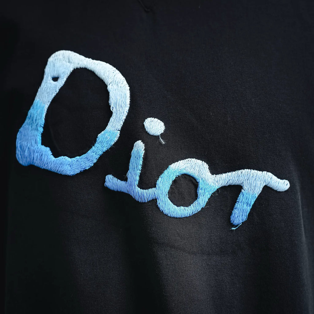 Dior short-sleeve T-shirt close-up, dark fabric, large blue “Dior” logo embroidery