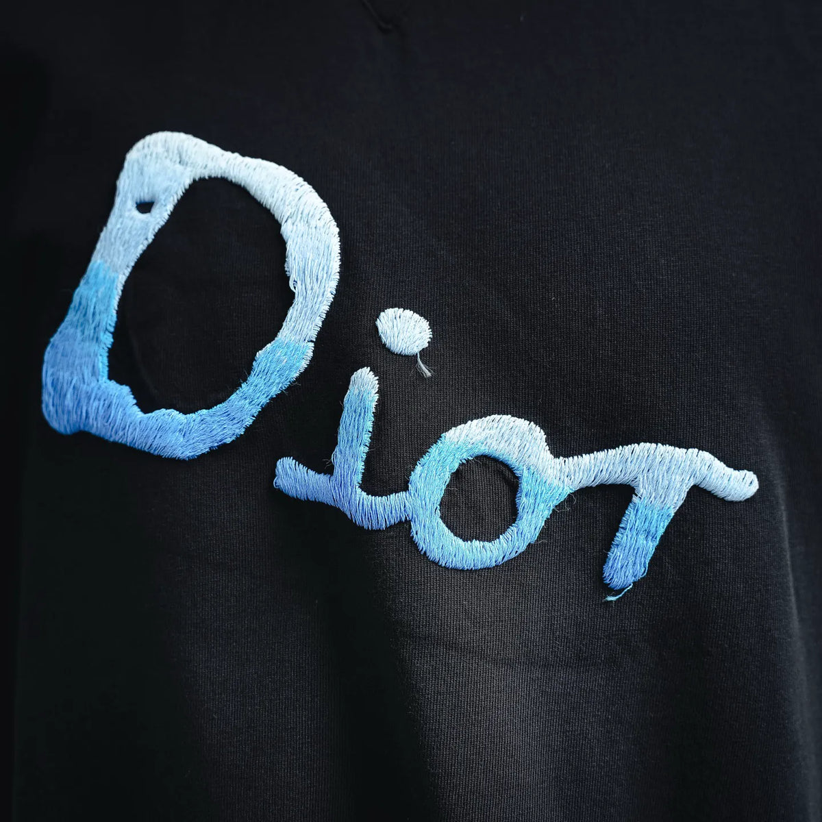 Dior short-sleeve T-shirt close-up, dark fabric, large blue “Dior” logo embroidery
