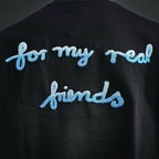 Dior short-sleeve T-shirt back close-up, dark color, blue script “for my real friends”