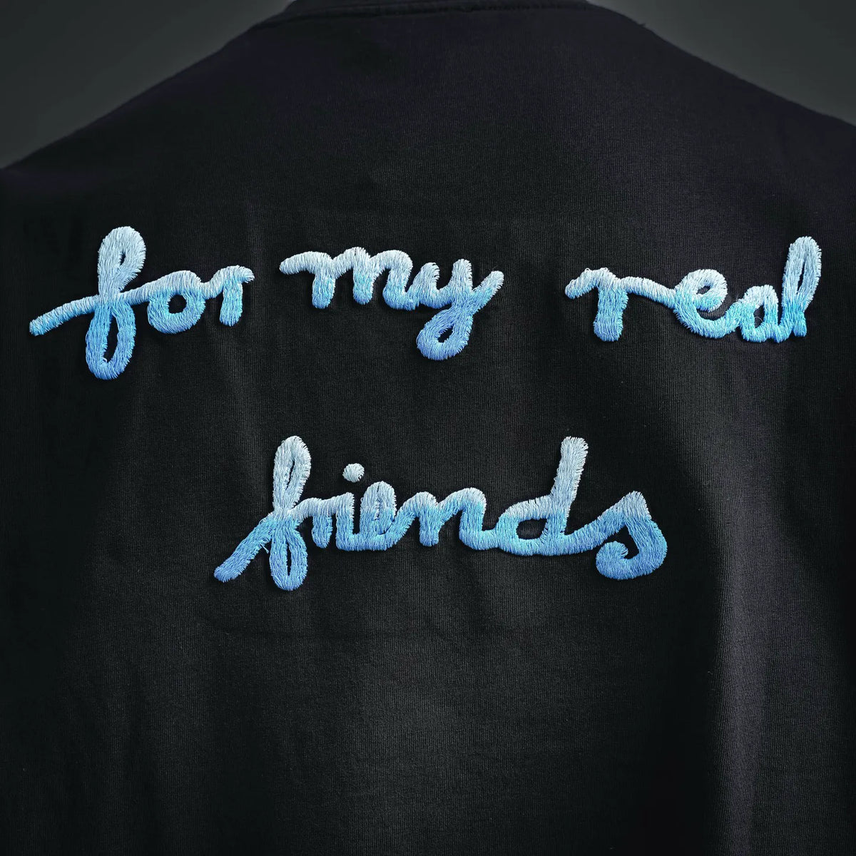 Dior short-sleeve T-shirt back close-up, dark color, blue script “for my real friends”