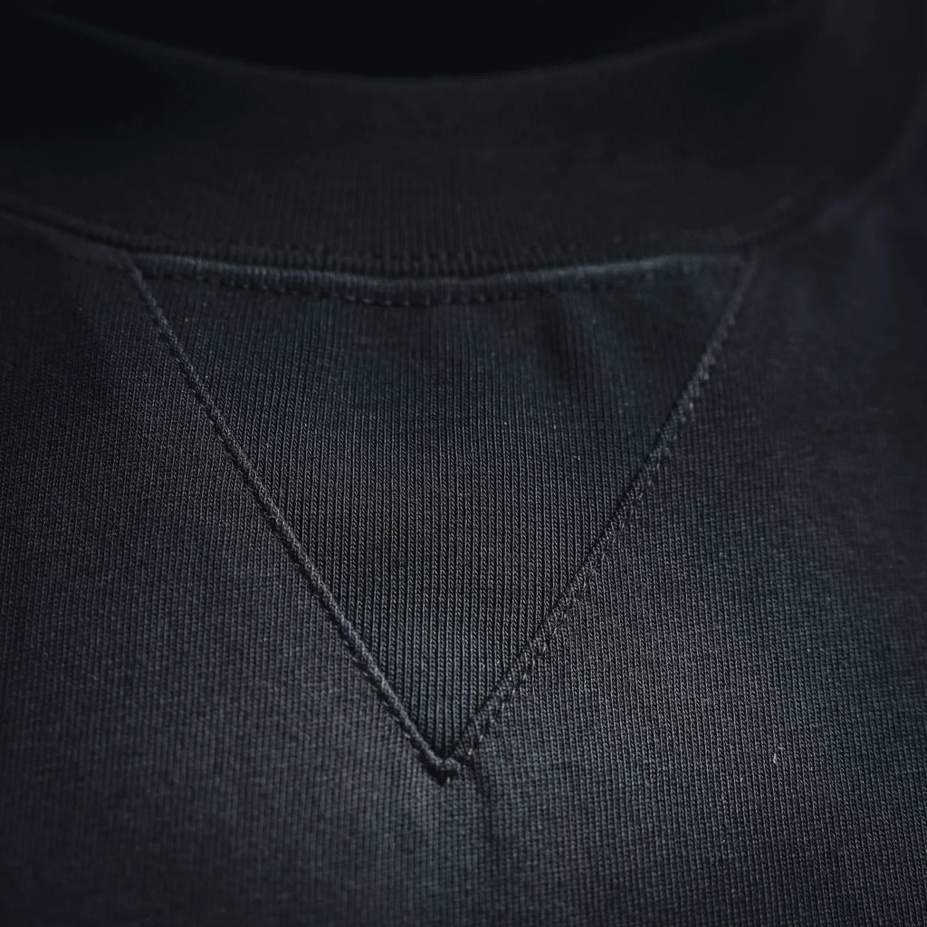 Dior short-sleeve T-shirt neckline close-up, dark ribbed collar with stitching