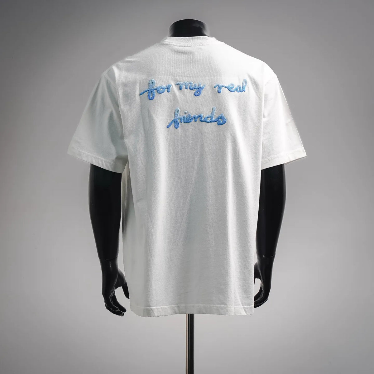 White short-sleeve T-shirt with blue back text embroidery