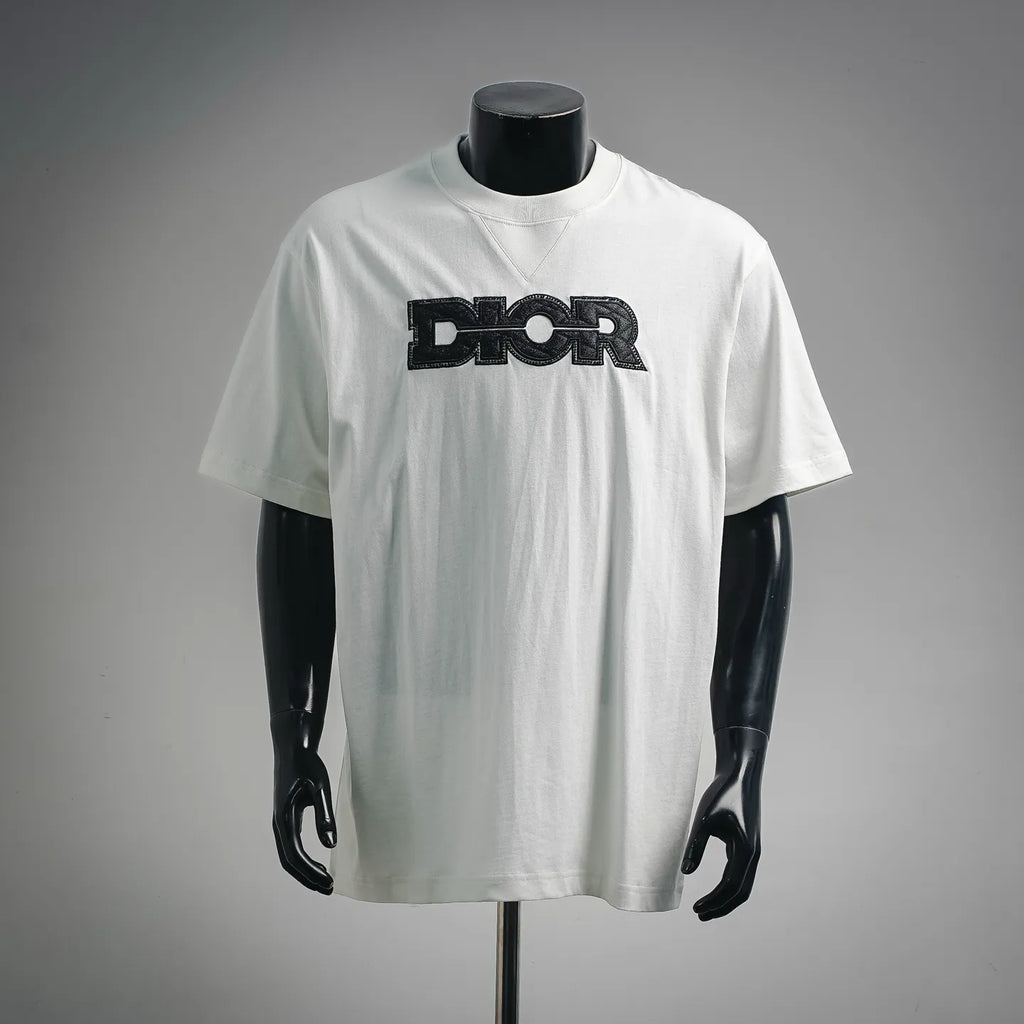 White Dior logo crewneck T-shirt on mannequin, front view